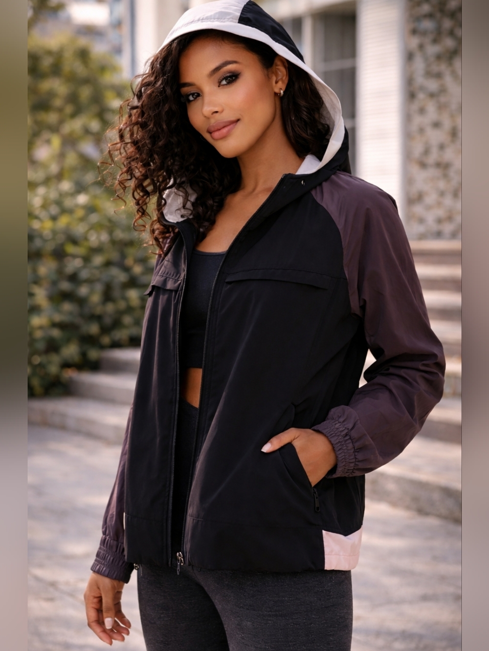 Fabletics Black Purple Hooded Windbreaker Jacket Lightweight Zip Athletic